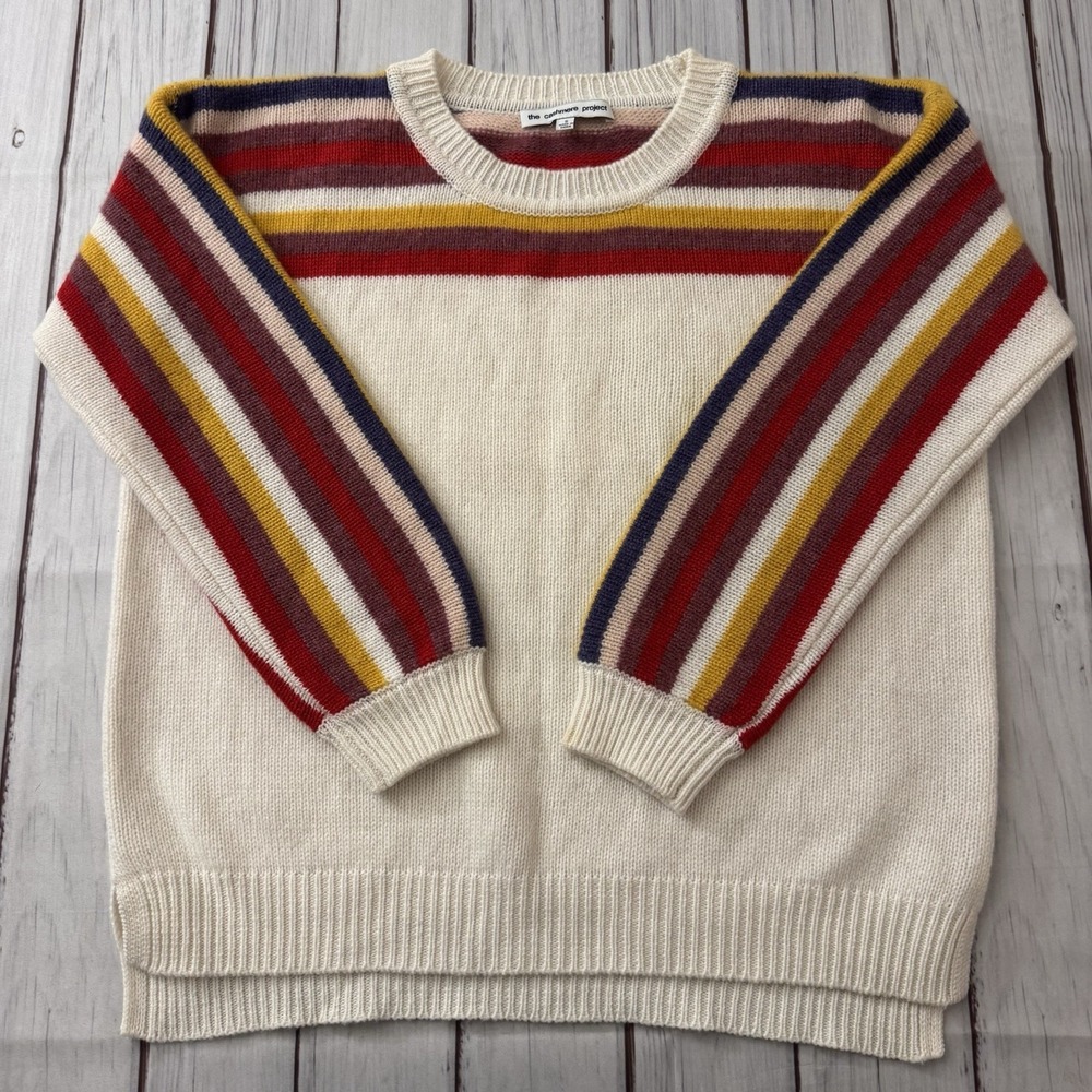 The Cashmere Project 100% Cashmere Sweater Stripe Sleeve Ivory Size Small Women